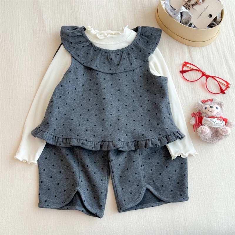 

Girls' Outfit New Spring and Autumn Children's Lace Polka Dot Vest Wide-Leg PantsTTrendy Shirt Set