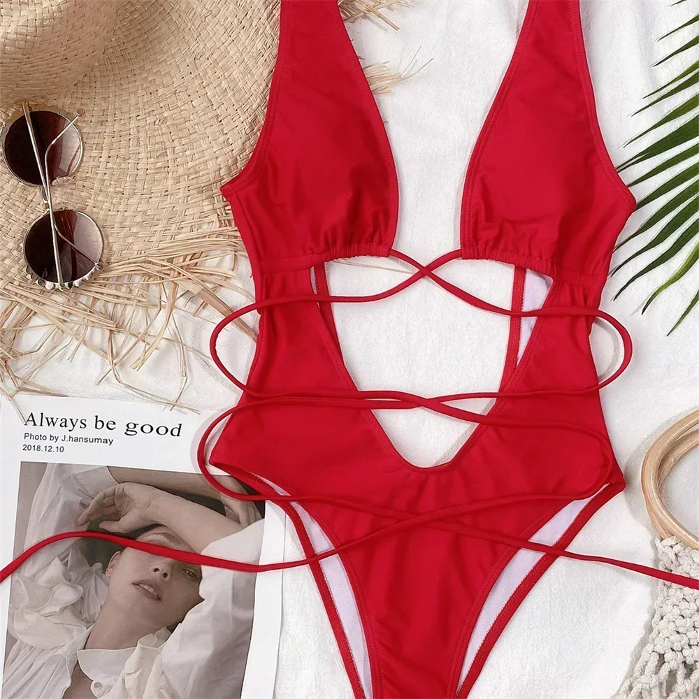 เซ็กซี่สีแดงชุดว่ายน้ํา Micro String บิกินี่ Hollow Out Monokini ผู้หญิง One - Piece วันหยุดชุดว่ายน้ําบิกินี่ชุดว่ายน้ําชายหาด