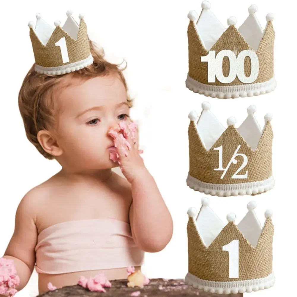 Burlap Crown Baby Birthday Party Hat 1/2 1 2 3 4 5 6 7 8 9 Year Baby Boy Girl Linen Headband 100 Year Adult Anniversary Cap