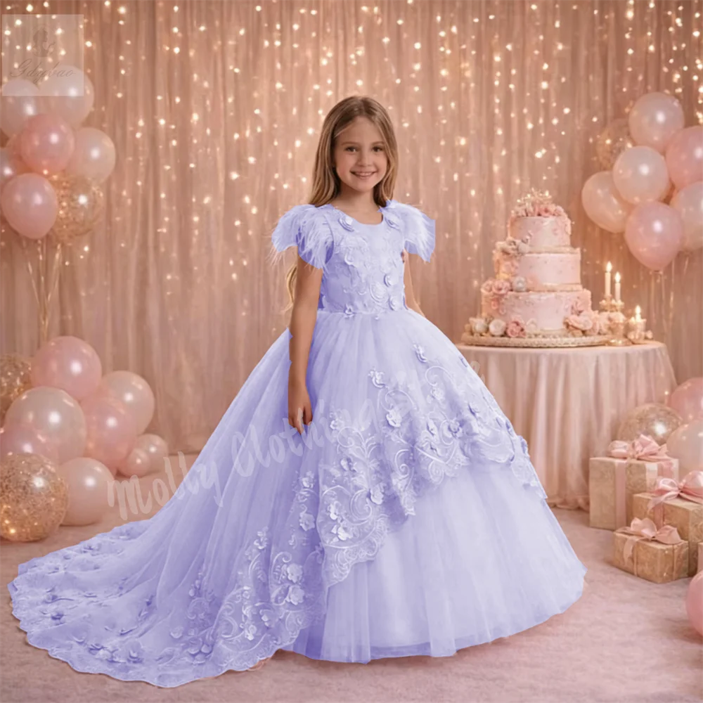 White Lace Embroidered Feather Flower Girl Dress Decals Princess Fluffy Wedding Party Celebration First Communion Dress