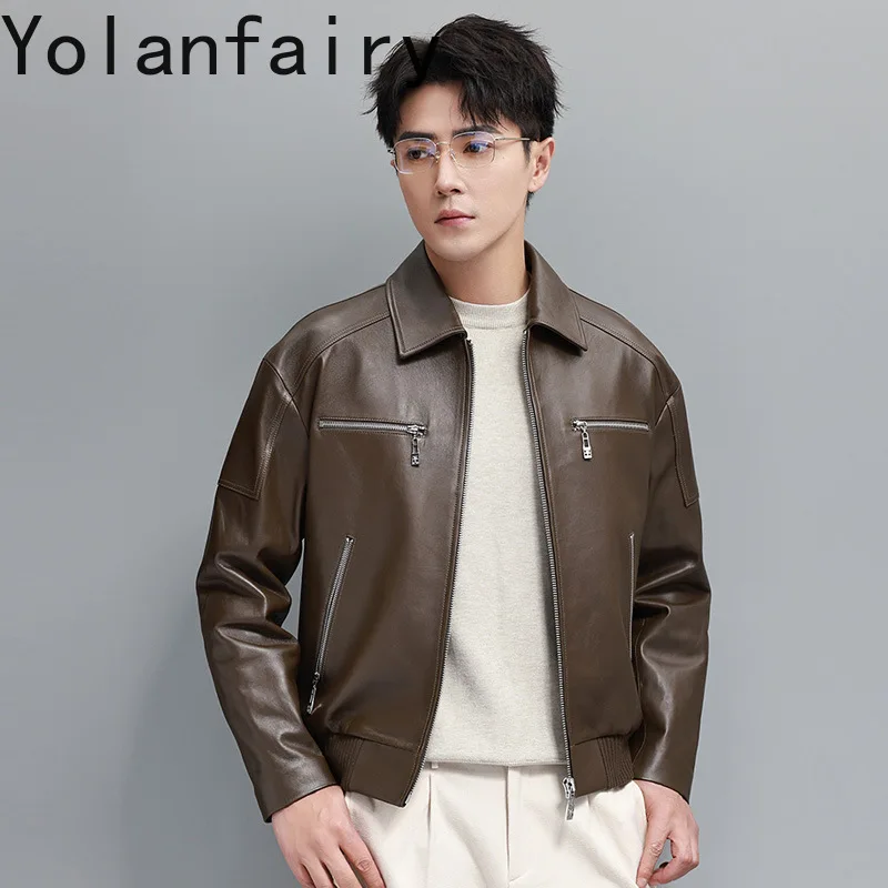 YOLANFAIRY Maillard Genuine Leather Jacket for Man 2025 Men's Real Sheepskin Coat Short Autumn Loose Motorcycle Leather Jackets