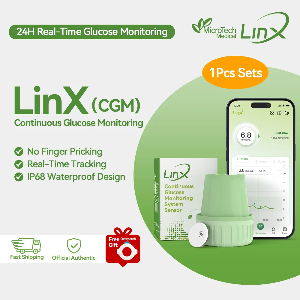 Monitor Continuo de Glucosa MicroTech LinX, CGM de 15 Días, Prueba de Glucosa en Sangre en Tiempo Real 24H, Sin Pinchazos en el Dedo