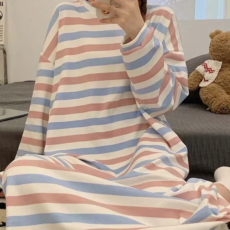 Piece Nightgown 2023 Dress Loose Nightwear In Women Striped Night New Pajamas Woman Home One Long Sleepwear Casual Autumn Sleeve