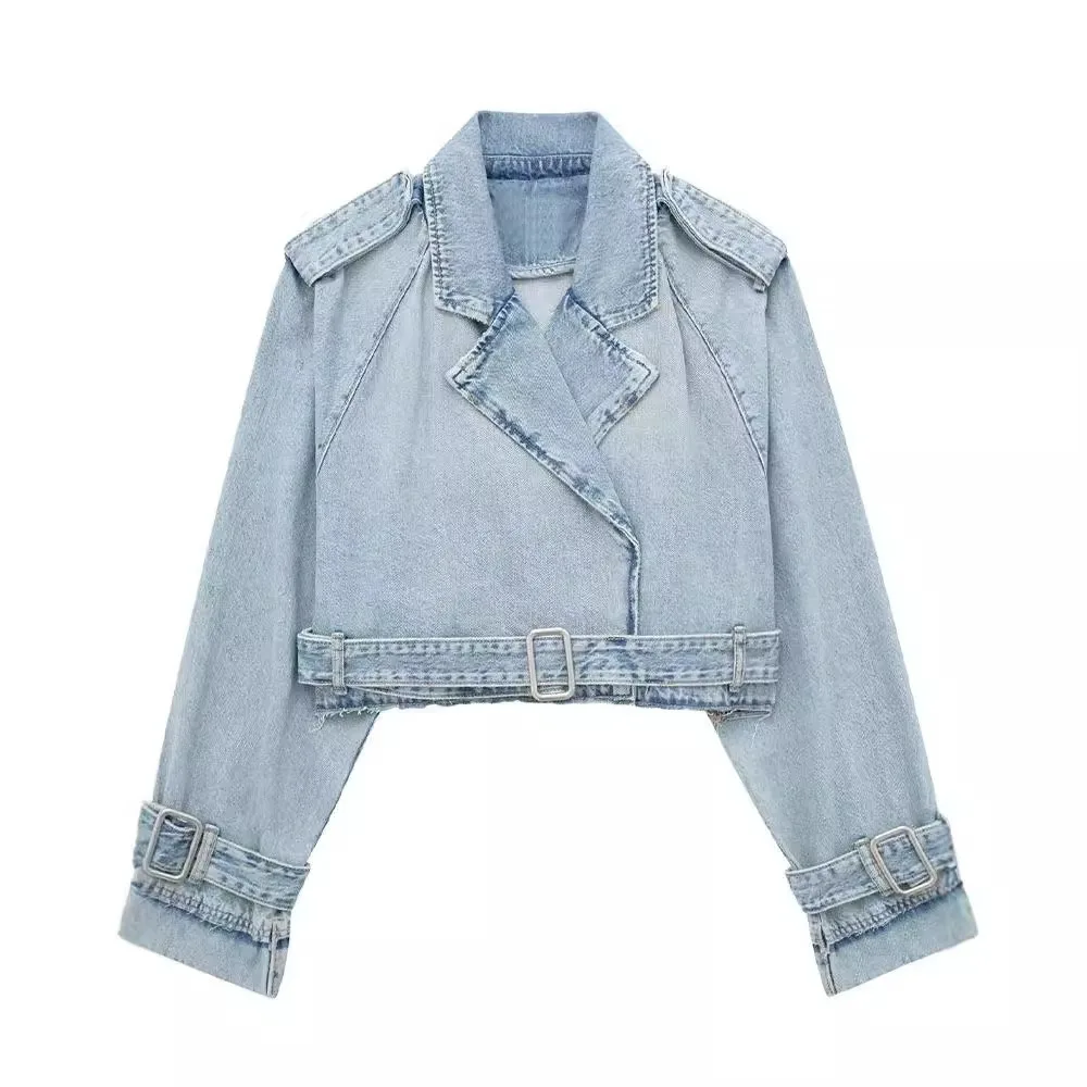 2024 Autumn Lapel Notched Collar Washing Blue Denim Jacket Vintage Women Hem Buckle Belt Draped Jean Coat Cool Outerwear 3 Color