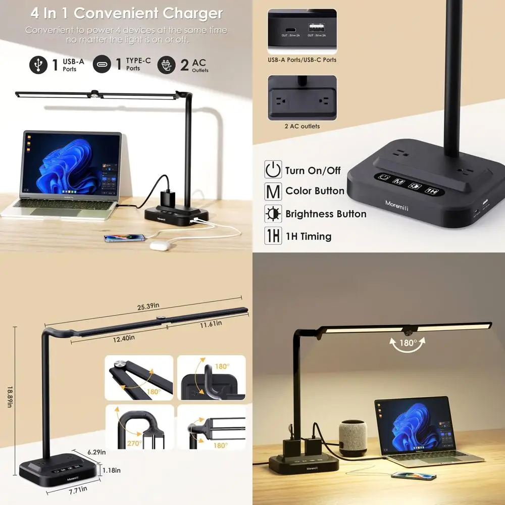 

Home Office LED Desk Lamp with Power Hub, USB Ports, Foldable Design & Anti-Glare Light