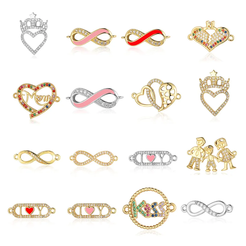 3pcs/Lot Crown Mom Heart Rainbow Copper Zircon Connector Charm Infinite 8 I Love Kiss Letter Family Bracelet Making DIY Jewelry