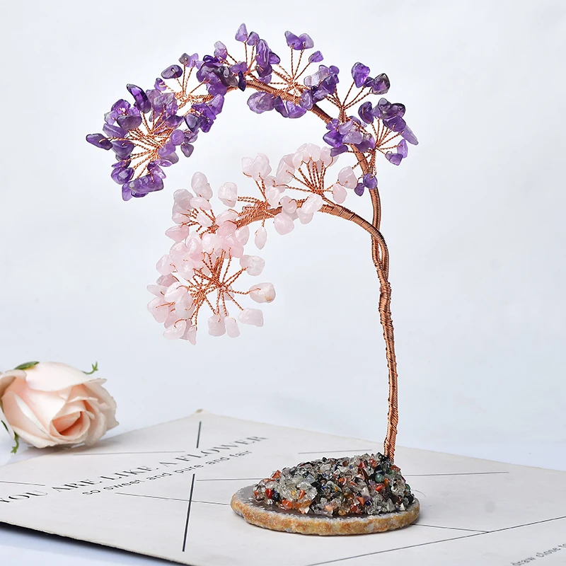 

Natural Amethyst Rose Quartz Tree Specimen Agate Reiki Healing Home Decoration Ornaments Lucky Tree DIY gifts Souvenir Gift