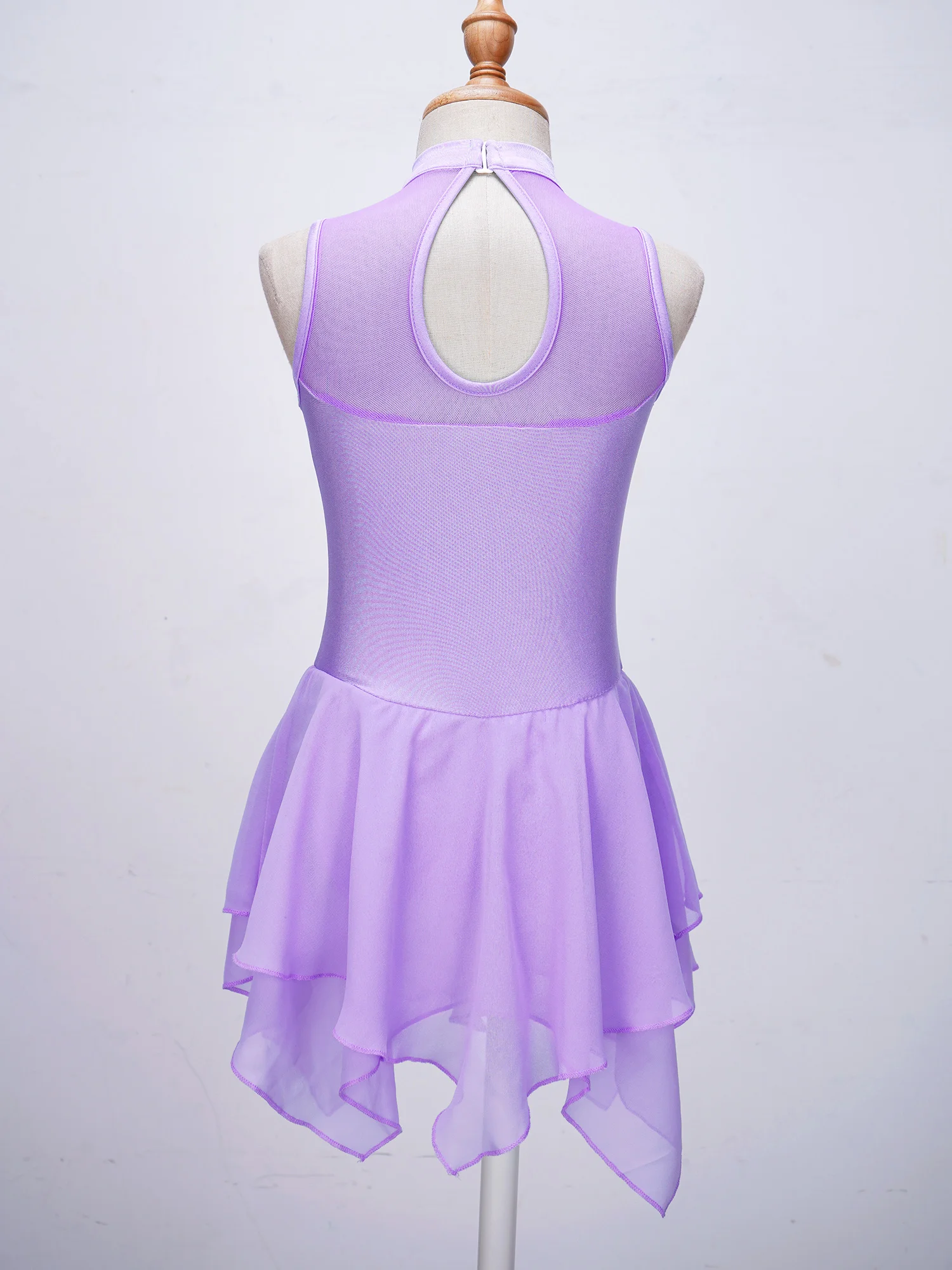 Kids Girls Sleeveless Shiny Rhinestone Ballet Dance Dress Gymnastics Leotard Mesh Hollow Back Figure Skating Competition Costume