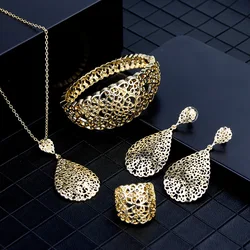 Sunspicems Gold Color Metal Arab Jewelry Set Hollow Bangle Earring Necklace Ring Wedding Bijoux Algeria Dubai Bridal Gifts