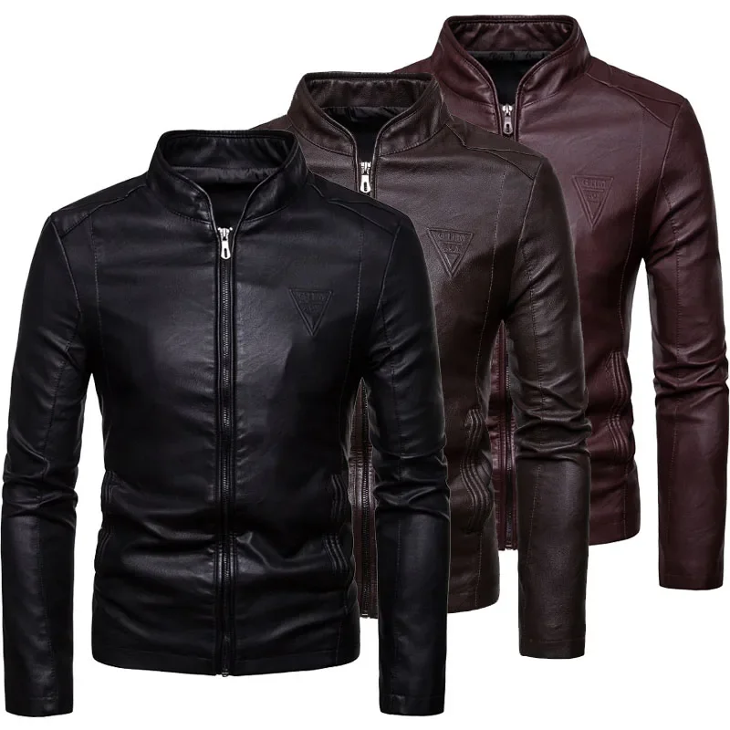 

Men's Autumn Slim Pu Leather Jacket Motorcycle Winproof Cool Solid Colors Classic Biker Leather Jacket Aviator Motor Spring Coat