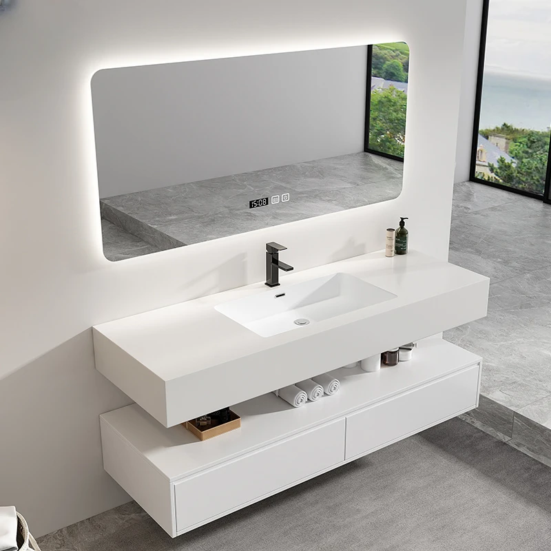 

Modern minimalist rock panel seamless connection ceramic integrated basin bathroom cabinet combination oak wash hands