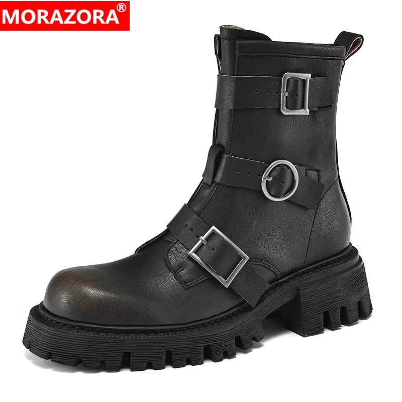 

MORAZORA 2025 New Genuine Leather Boots Women Punk Buckle Round Toe Platform Ankle Boots Autumn Winter Ladies Shoes