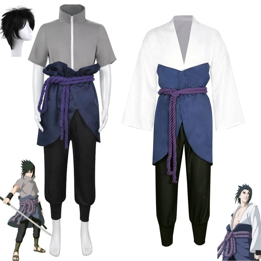 Disfraz de Anime Ninja Uchiha Sasuke para niños y adultos, peluca, uniforme para hombres, Kimono, ropa deportiva, abrigo, pantalones, traje de Halloween, traje Unisex