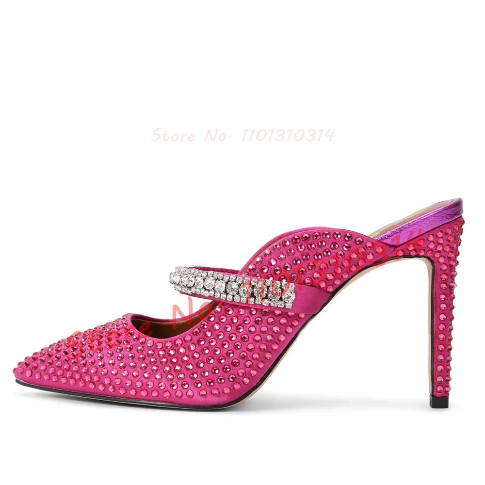 Pointy Mules With Glittering Crystals Women Shiny Rhinestones Top Strap Embellished Shoes Ladies Luxury Bling Casual Nude Slides
