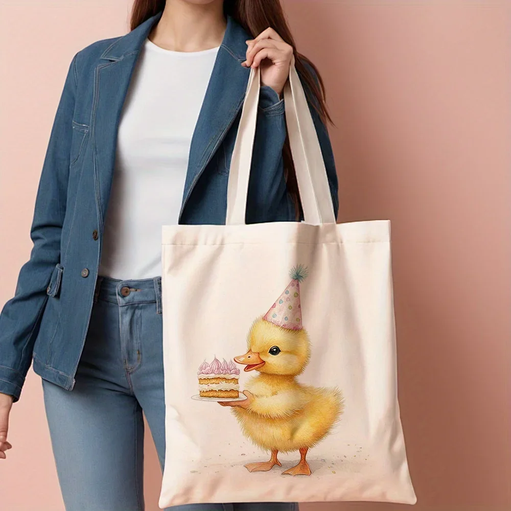 1pc, Duckling with Cake Canvas Tote Bag Reusable Grocery Bags (35.05cm x 40.13cm), Cute Patterned Shoulder Bag for Daily Shoppin