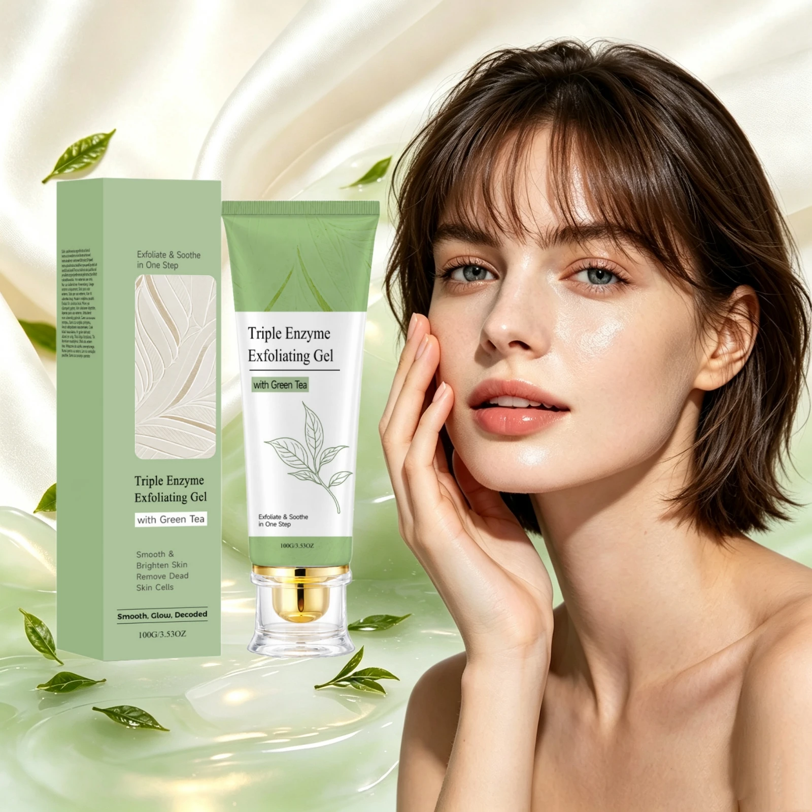 Green Tea Exfoliating Gel Triple Enzyme Infused Smooth Brightening Daily Use Soothe Face Care Dead Skin Cells Remover Facial Gel
