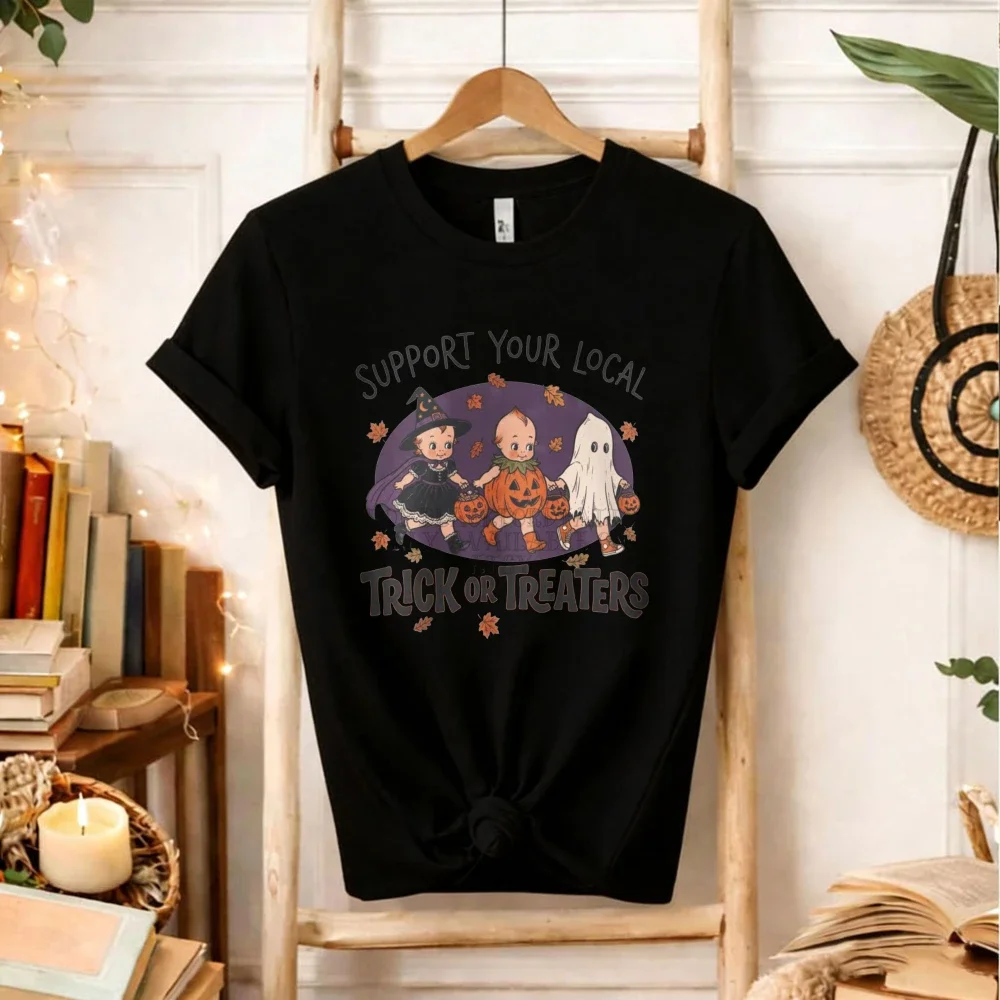 Support Your Local Trick or Treaters Halloween Graphic T‑Shirt Vintage Witch Ghost Pumpkin Costume Fall Autumn Holiday Party Top