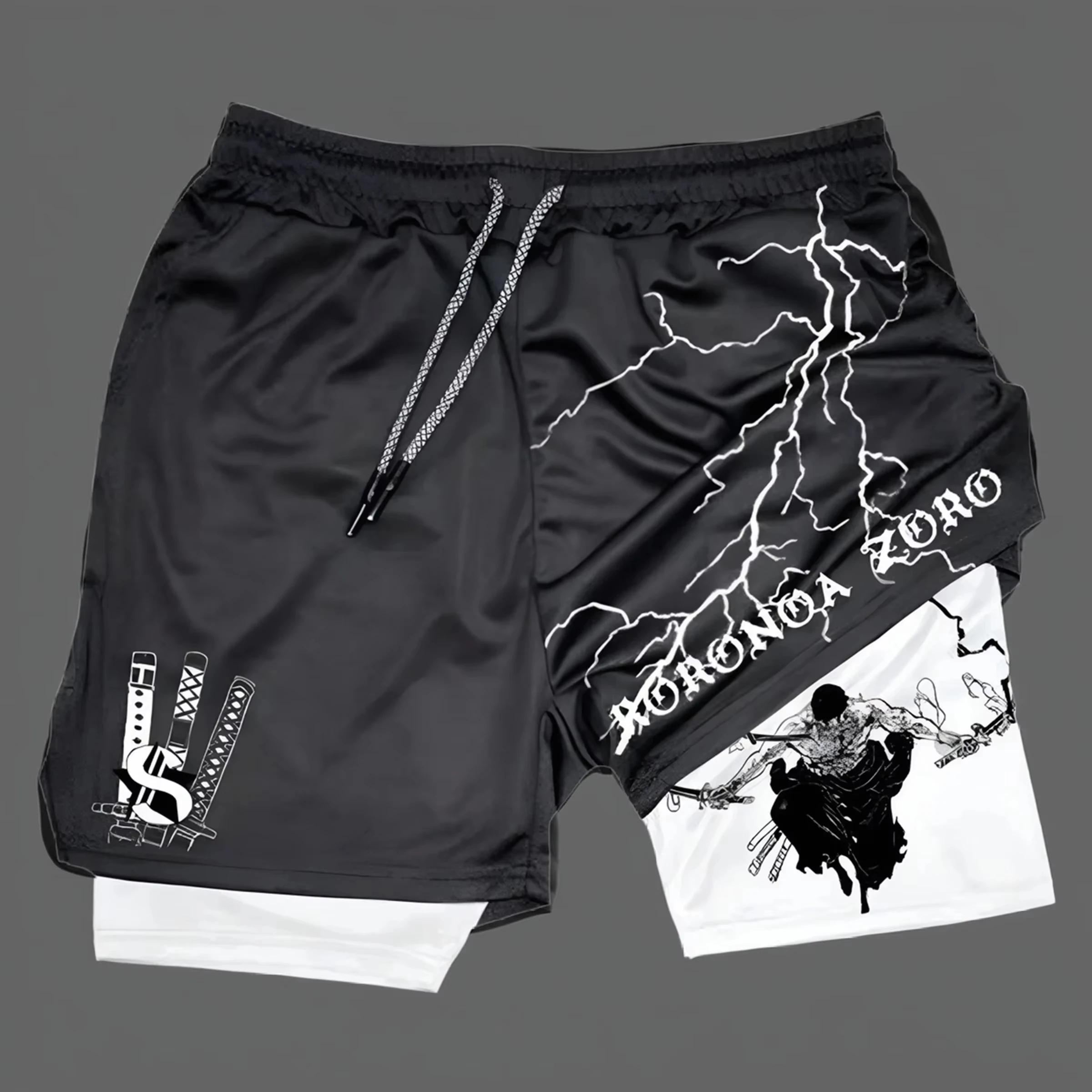 

New Anime Printed Motorcycle Shorts Men's Quick Drying Sports Shorts Lined with Double-layer Running Fitness Fake Two Pieces