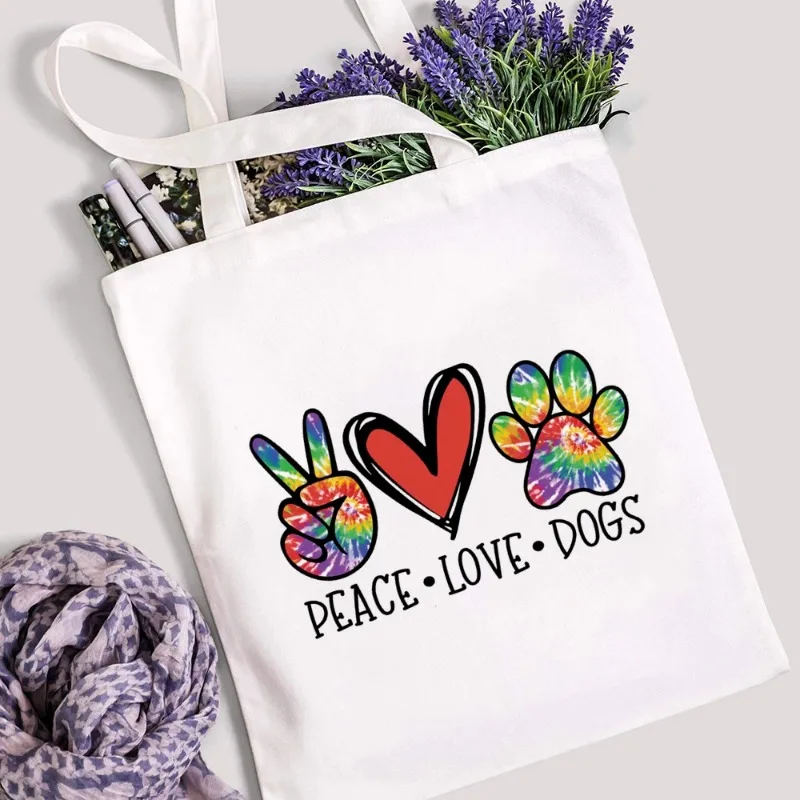 Semplice borsa a tracolla con stampa di zampe di cane Peace Love Ladies borsa per la spesa di grande capacità borsa a tracolla portatile in tela per