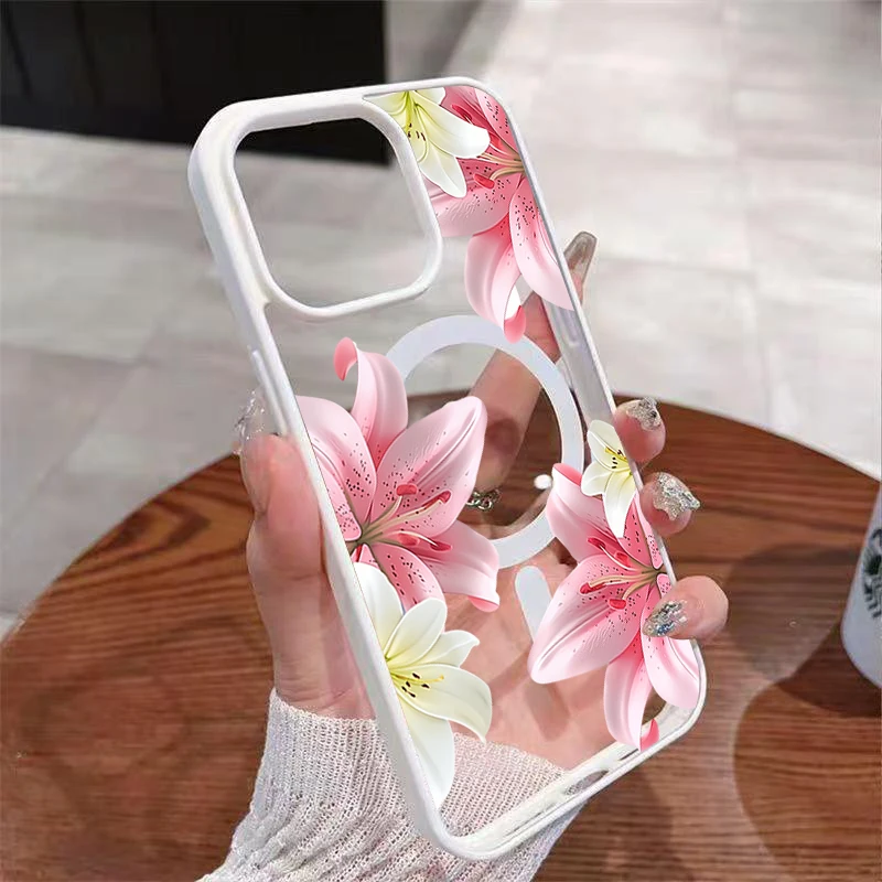Elegant Pink White Lily Floral Magnetic Phone Case For iPhone 17 16 Plus 15 14 13 12 11 16 Pro Max  Air 17E 16E Shockproof Cover