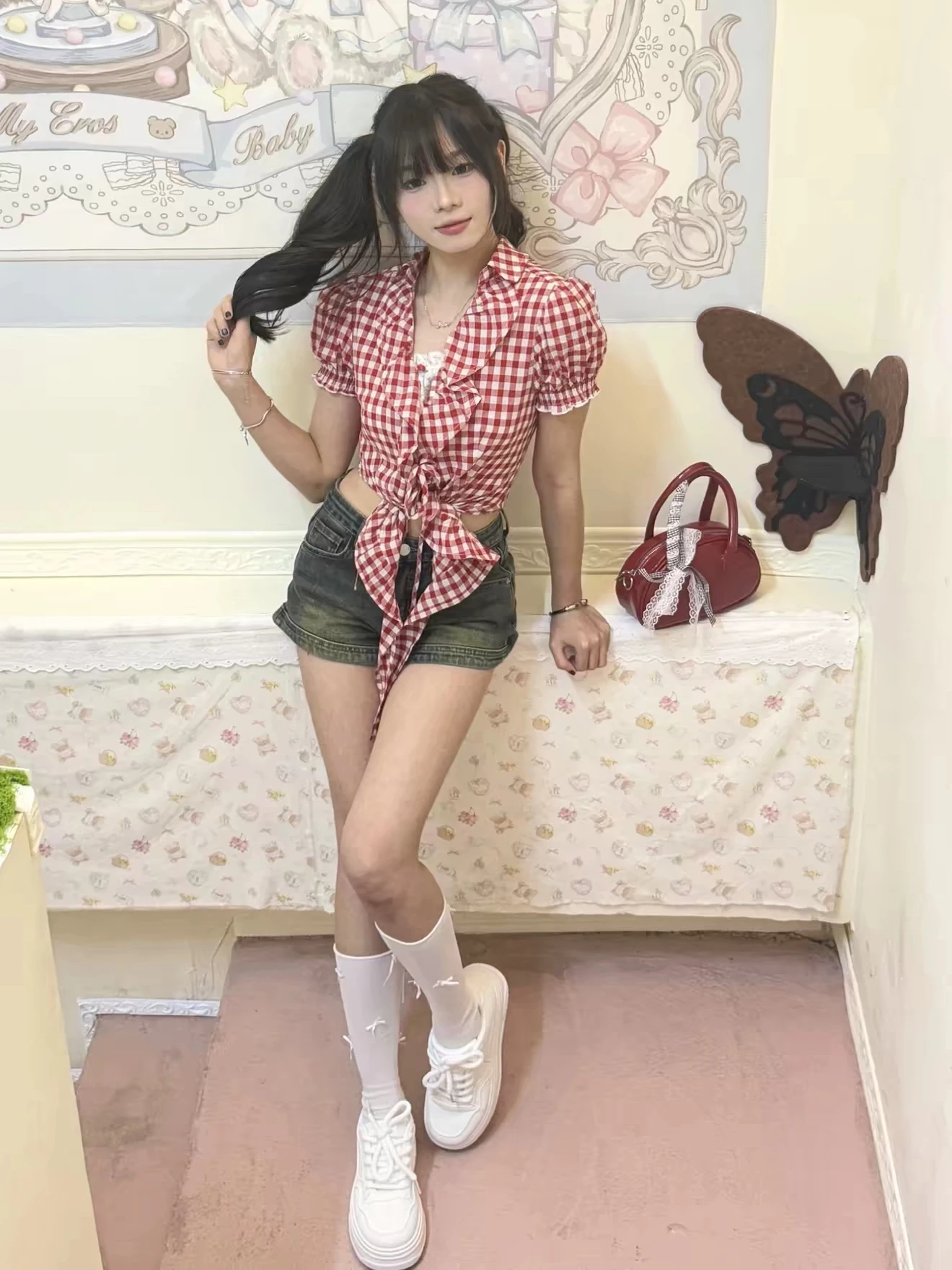 

Red Plaid Bubble Sleeve Shirt Women's Summer Casual Commute Versatile White Enhancing Shirt Polka Dot Pattern Short Sleeve Po...