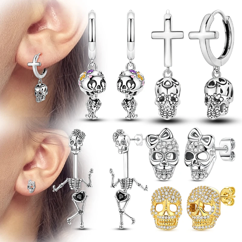 Pendientes de Plata de Ley 925, Pendientes de Aro Colgantes con Cruz y Calavera Brillantes para Mujer, Joyería de Moda de Alta Calidad para Regalo de Boda