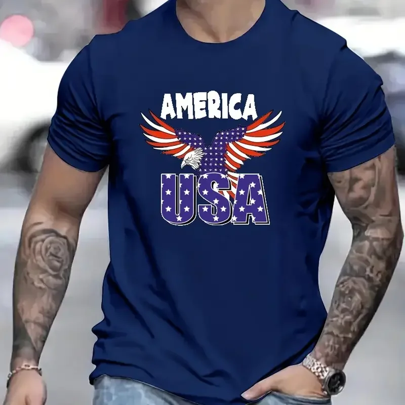 

2024 Summer 3D Animal Print American Eagle Men's T-shirt, casual short sleeved T-shirt, fashionable short sleeved T-shirt top