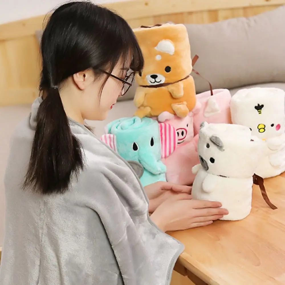 Soft Flannel Air Conditioning Blanket 100x80cm Roll Noontime Snooze Blanket Warm Cartoon Plush Wrap Shawl