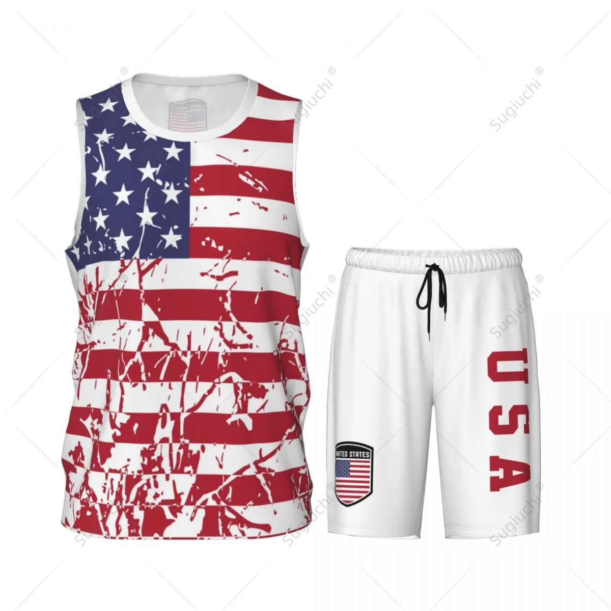 United States Flag Grain Men Basketball Set Shirt & Pants Sleeveless