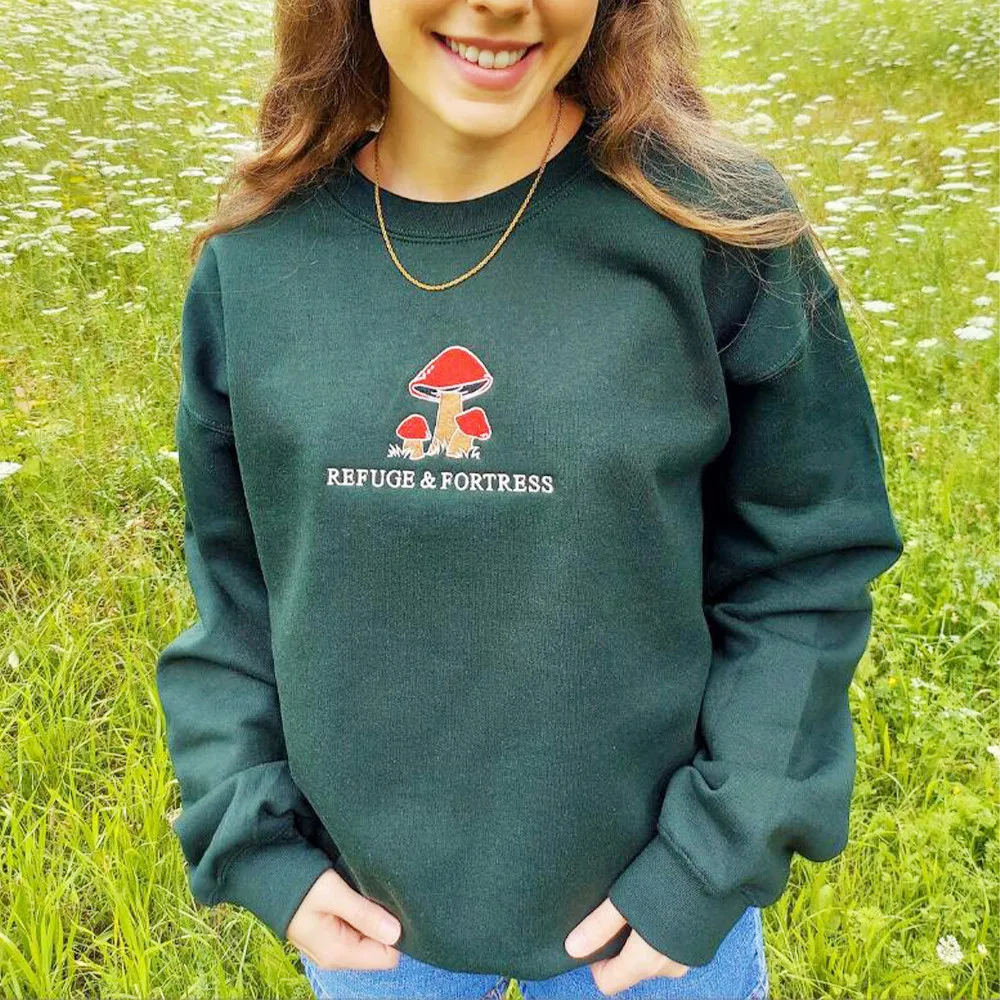 REFUGE & FORTRESS Mushroom Embroidered Crewneck Cotton Sweatshirt Women Vintage Style Psalm 91:2 Christian Green Autumn Pullover