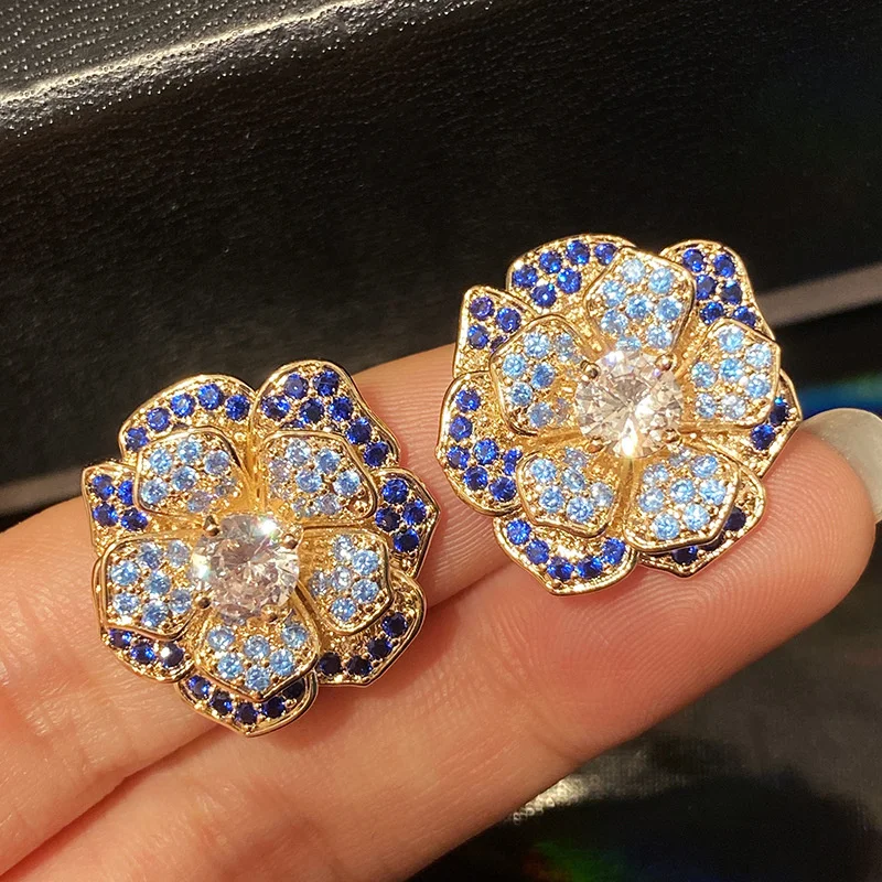 Big Flower Stud Earrings For Women 925 Silver Needle Vintage Blue Gold Color Luxury Party Accessories Fine Jewelry