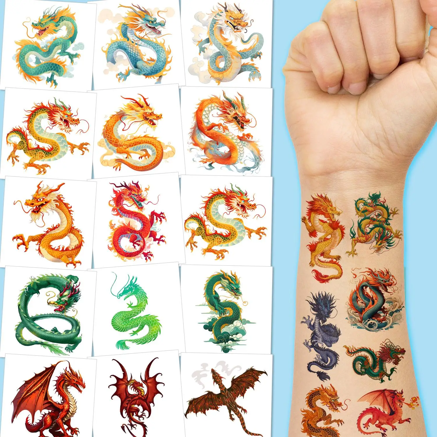 

10 шт. водонепроницаемые временные татуировки дракона для мужчин, женщин и детей, подходят для тематического дня рождения, поддельные татуировки, наклейки