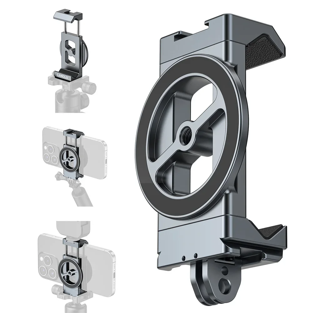 

Camera Adapter Phone Holder Clamp 3-in-1 Metal Phone Tripod Mount w Arca /1/4" / Gopro Interface Action for iPhone 16 -12 GoPro