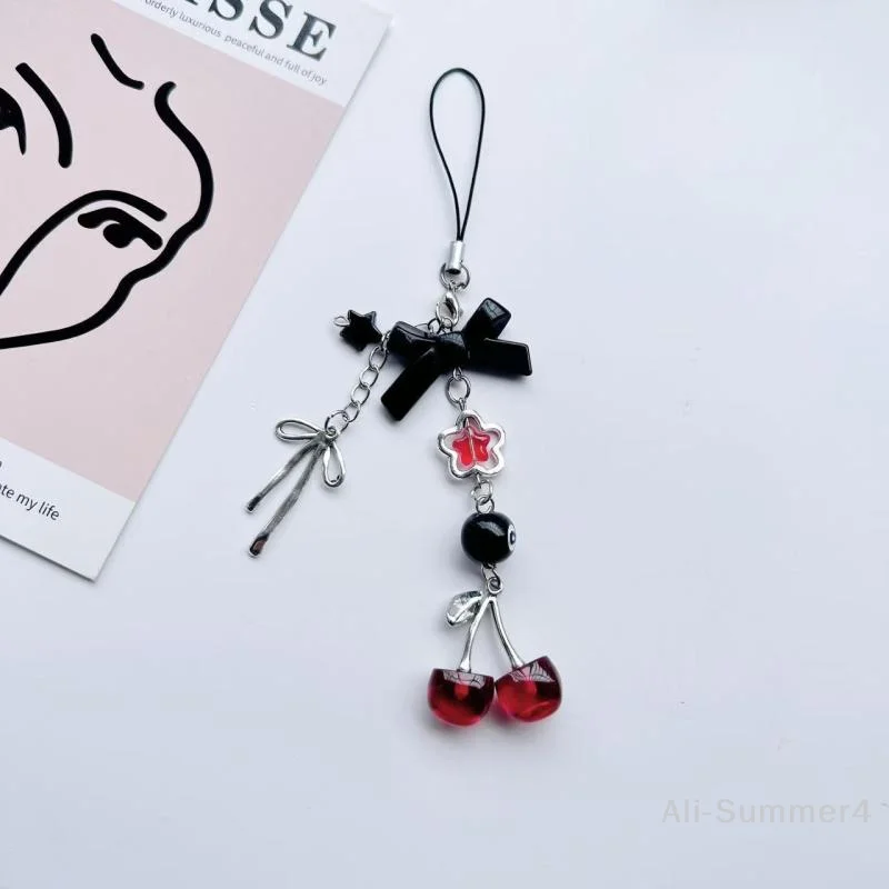 1 Piece Charms Red Cherry Bow Phone Chain Key Ring Y2K Bag Pendant Keychain Accessory Girlfriend Gift