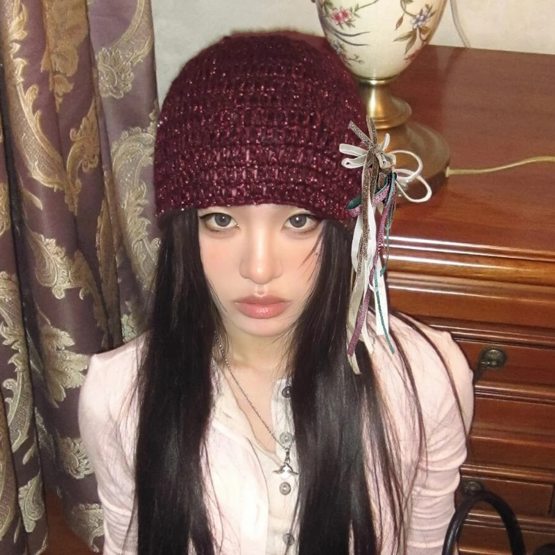 

Niche Handknitted Bow Strap Flower Pullover Hats for Women Autumn and Winter Travel Casual Versatile Elegant Beanies Cap Y2K