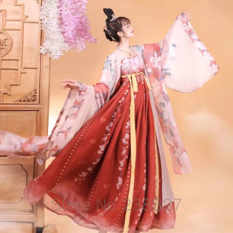 فستان صيني Hanfu المرأة القديمة تأثيري فساتين تانغ سلالة الشعبية أثواب رقص قميص بأكمام كبيرة كيمونو دعوى هالوين