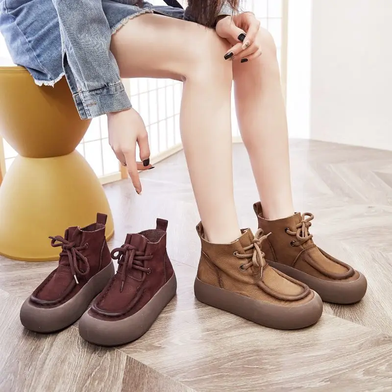 4.5cm Retro Cow Suede Genuine Leather Women Loafer Platform Wedge Ankle Booties British Spring Autumn Designer Authentic Shoes