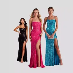 Women's Sexy One-line Collar Sequined Evening Dress Elegant Slit Banquet Party Dress Backless Lace-up Design Suspender Retro