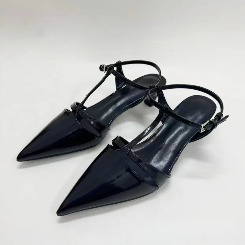 

Patent Leather Kitten Heels Women Sandals Pointed Toe Elegant T-Strap Design Black Summer Office Party Dress Shoes for Female
