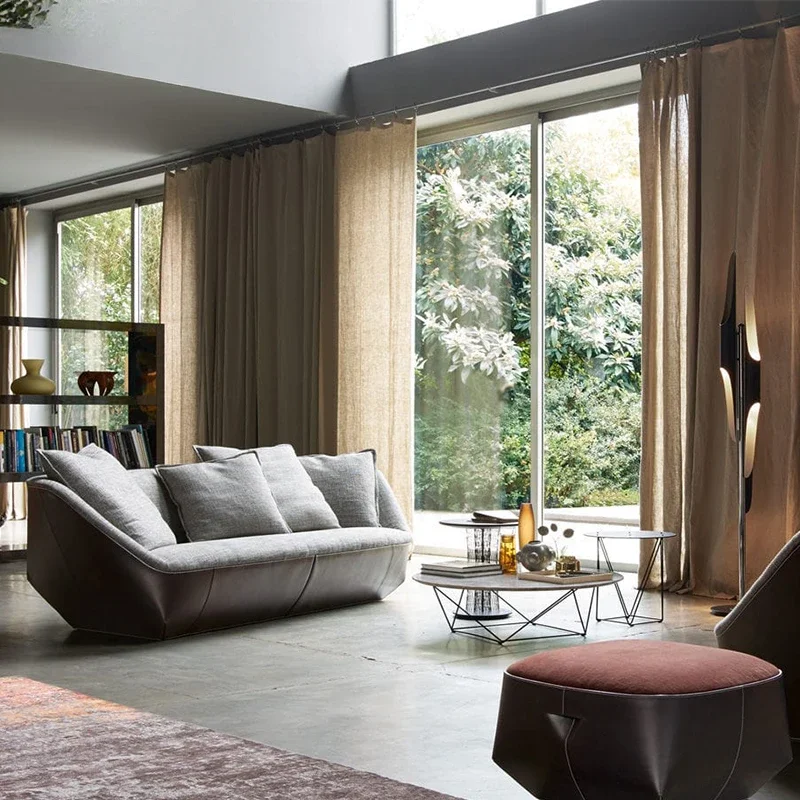 Italian living room art saddle leather single triple fabric sofa