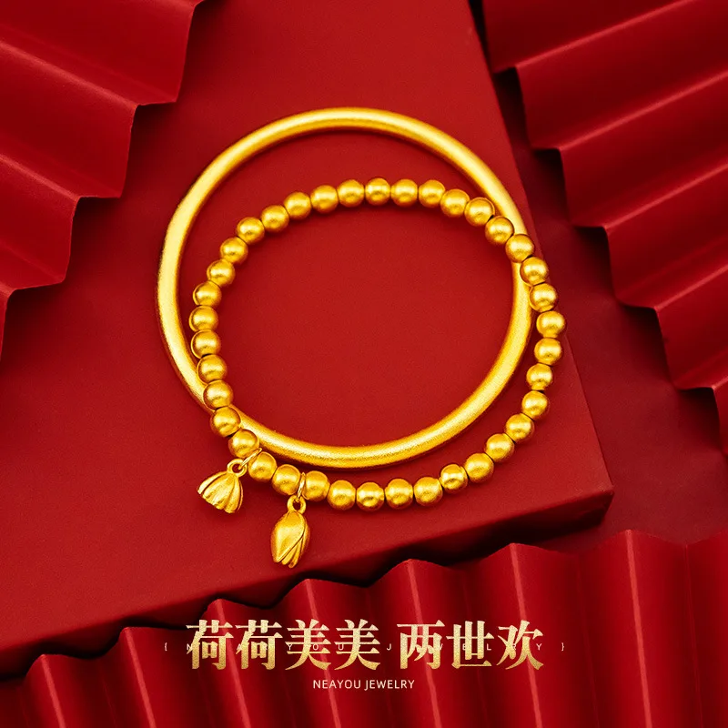 

Women's Fashion 9999 24K Real Gold Lotus Ancient Method Inheritance Two Generations Joyful Lotus Pong Bracelet Bangle Wedding