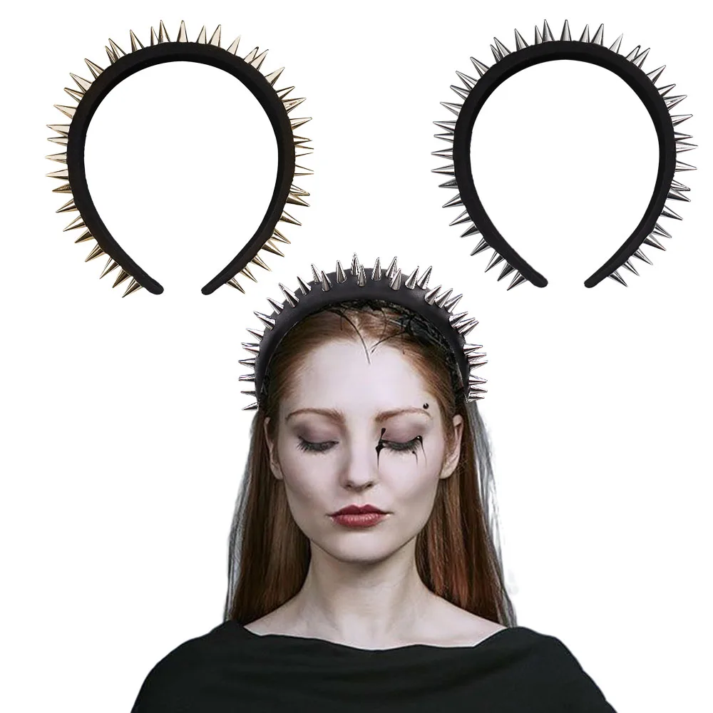 

Punk Style Headpiece Women Black Headband Exaggerated Design Rivet Punk Personalized Headwear Cosplay Pendants Party Gift