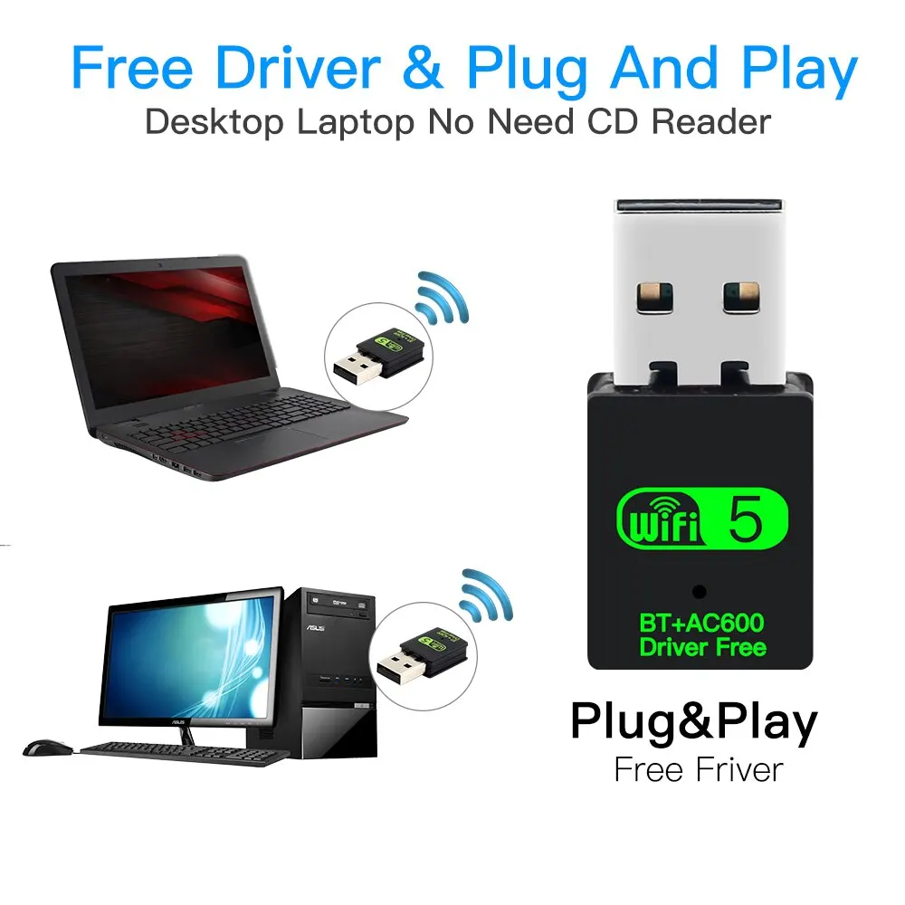 Fvi-Adaptador USB WiFi con Bluetooth, Dongle 2 en 1 de doble banda, 600G, 5GHz, WiFi, 5 redes, receptor inalámbrico Wlan, SIN controlador, 2,4 Mbps