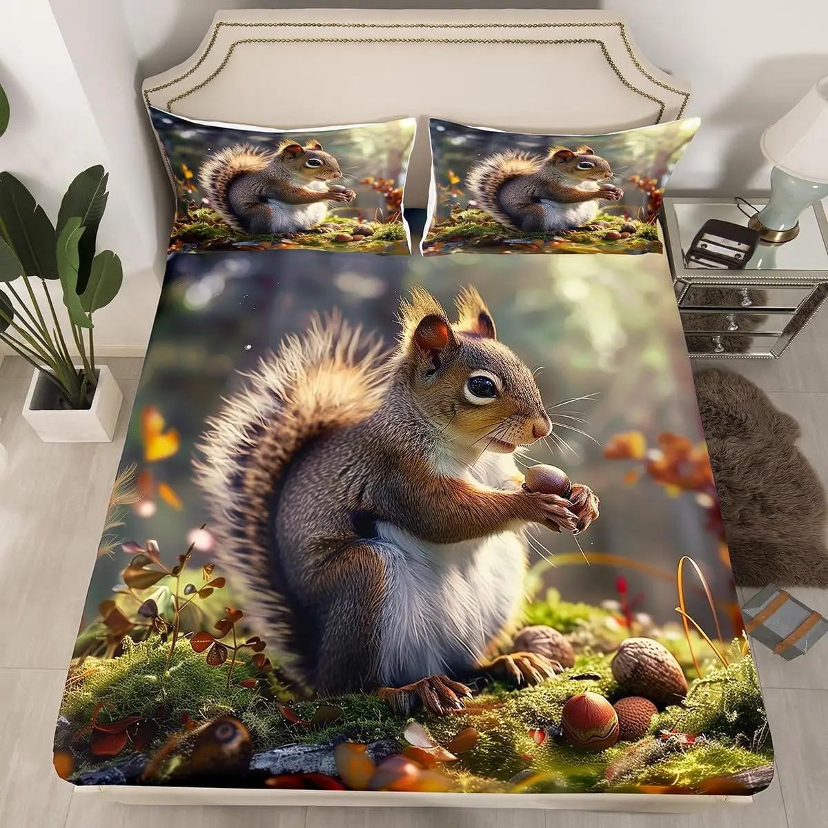 Cute Squirrel Fitted Sheet Wild Animal Bedding Set Cartoon Squirrel Bed Sheets Natural Jungle Landscape Rustic Deep Pocket Sheet