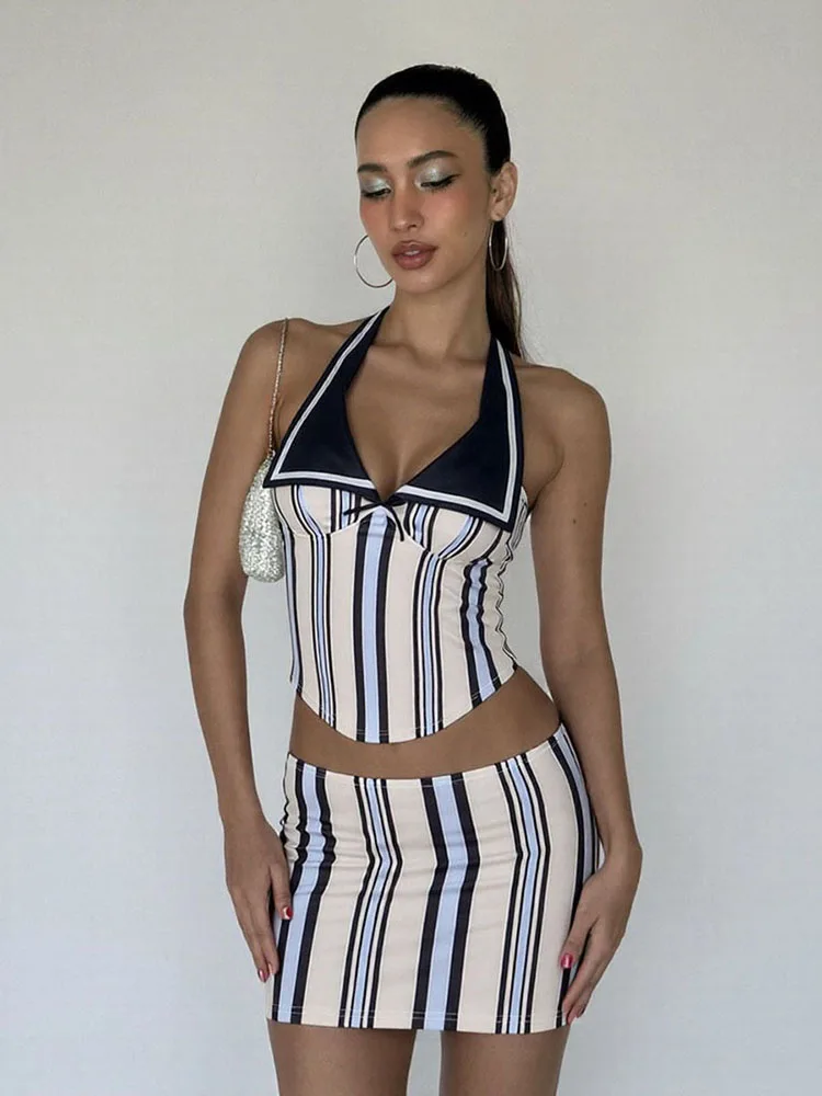 Kliou mulheres duas peças conjunto com estampa de listra, colar halter, pescoço baixo, mini saias, roupas de rua, moda verão