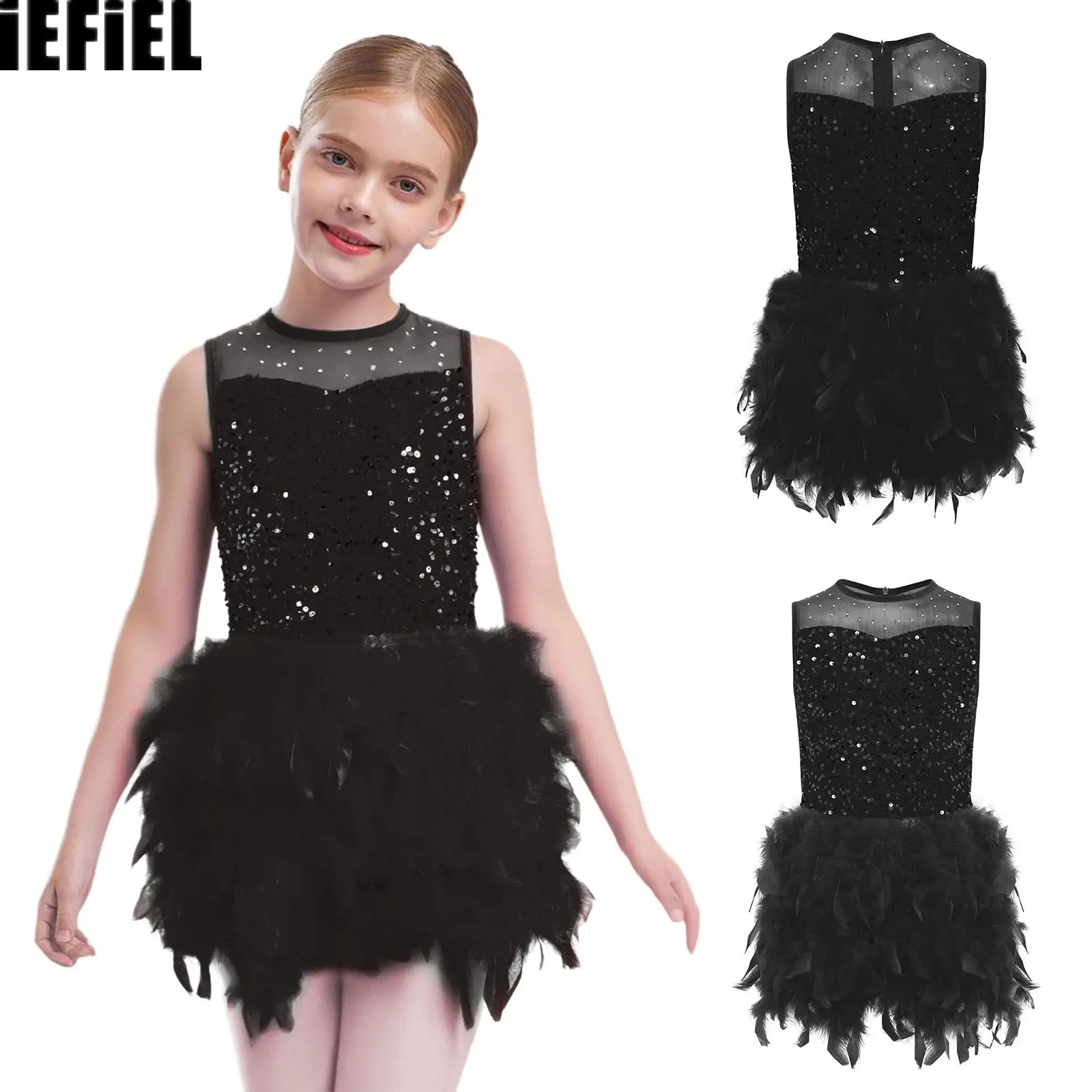 

Kids Girls Feather Ballet Dress Sleeveless Back Invisible Sheer Mesh Patchwork Shiny Sequins Velvet Dress with Built-in Briefs
