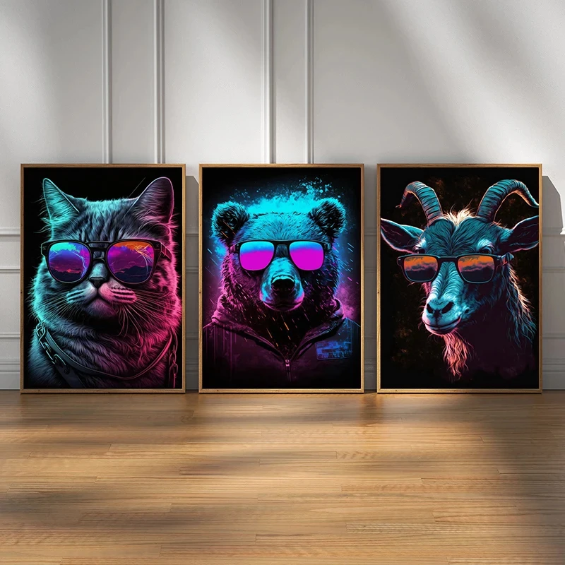 Cool Animals with Sunglasses Canvas Poster Bear Cat Horse Prints Wall Art Pictures Home Gaming Room Decorative Painting Cuadro