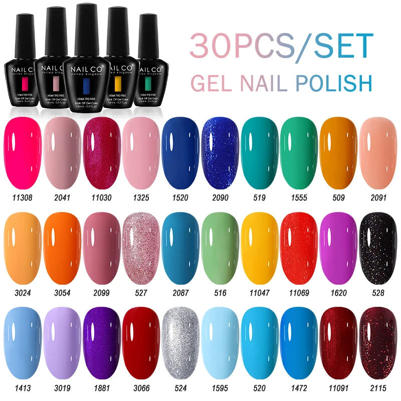 NAILCO 30pcs/Set Color Gels Nail Polish 15ml Soak Off UV HEMA TPO FREE Gel Varnish Glitter Nail Gel Polish LED Nails Art Lacquer