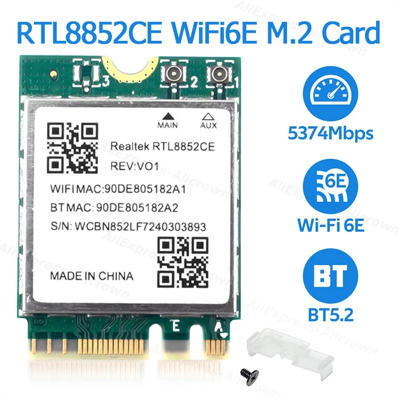 

WiFi 6E RTL8852CE M.2 Network Card 5400Mbps 802.11AX Bluetooth 5.3 Wireless Adapter 2.4/5/6GHz for Desktop/Laptop Windows 10/11