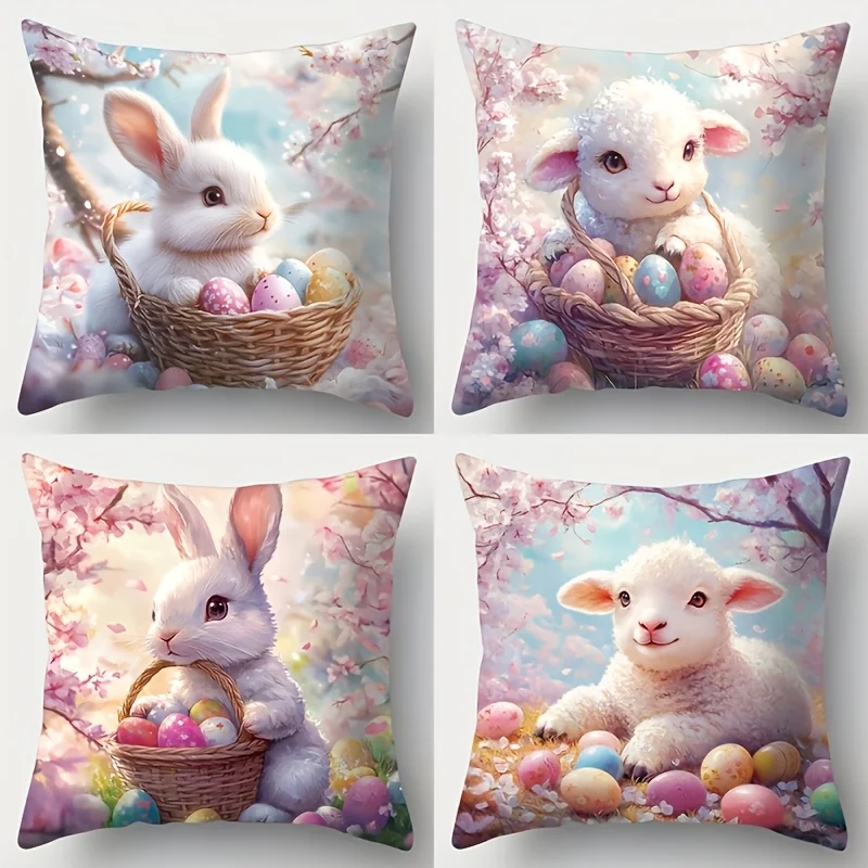 4Pcs Easter Theme Pillow Covers - Rabbit, Sheep Egg & Flower Design, Home Decor for Living Room or Bedroom (Insert Not Included)